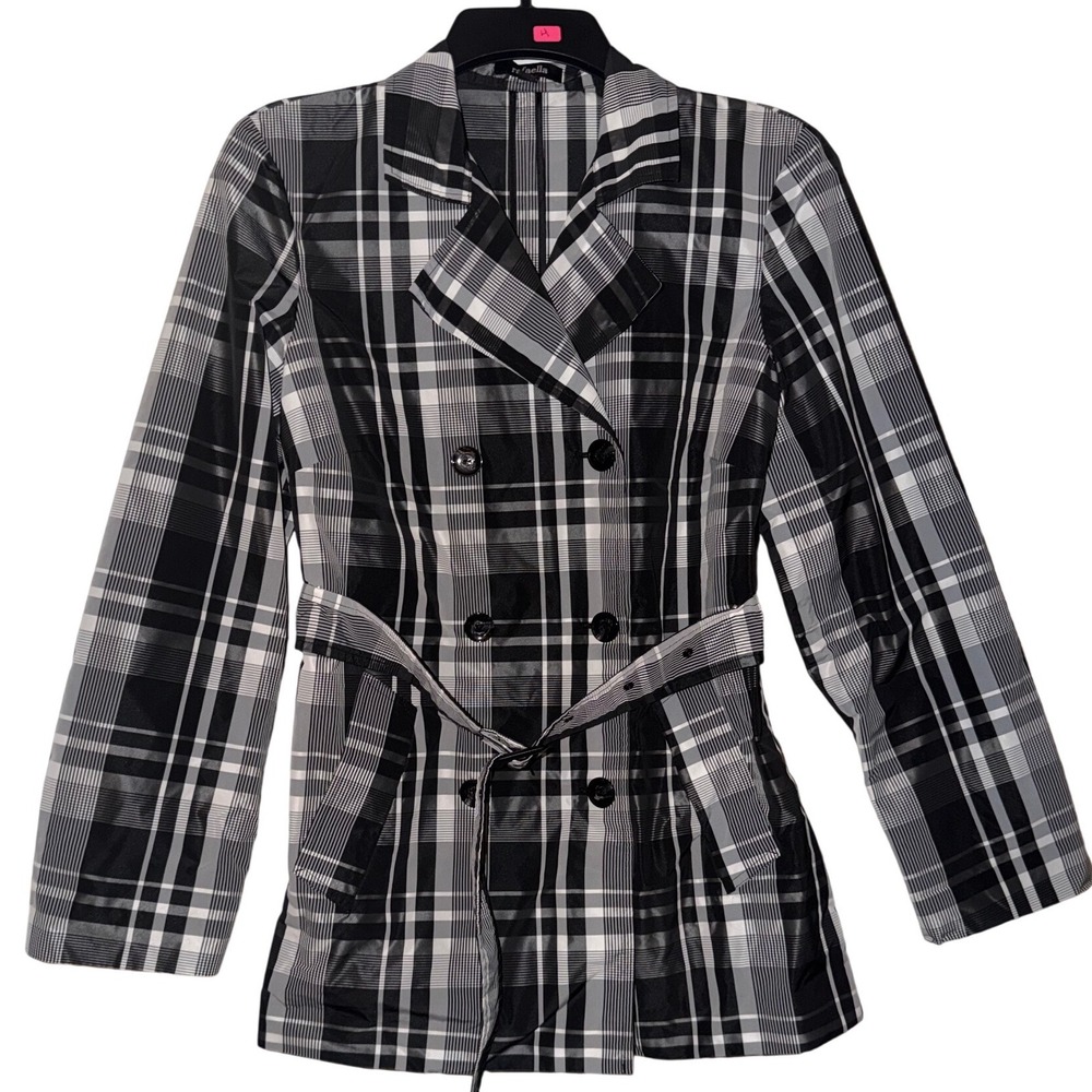 Rafaella Womens Plaid Double Breasted Belted Trench Coat Size S Black White